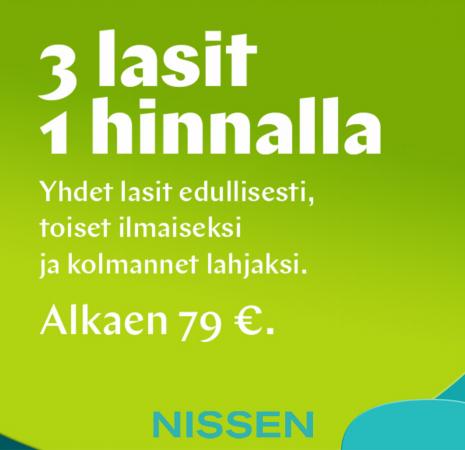 Terveys ja Optiikka tarjousta, Hyvinkää | 3 lasit 1 hinnalla de Nissen | 1.6.2022 - 31.8.2022