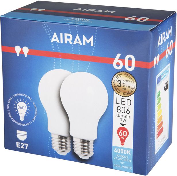 Airam LED -lamppu 2-pack, E27, 4000 K, 806 lm, opaalikupuinen -tarjous hintaan 5,9€