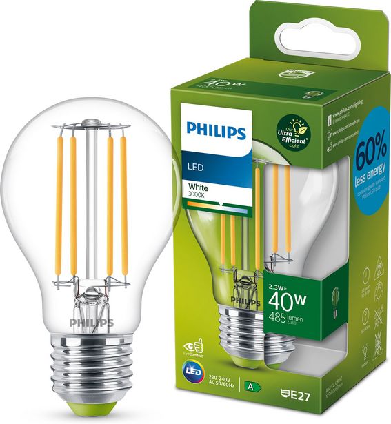 Philips Ultra Efficient LED -lamppu, E27, 3000 K, 485lm, kirkaspintainen -tarjous hintaan 9,9€