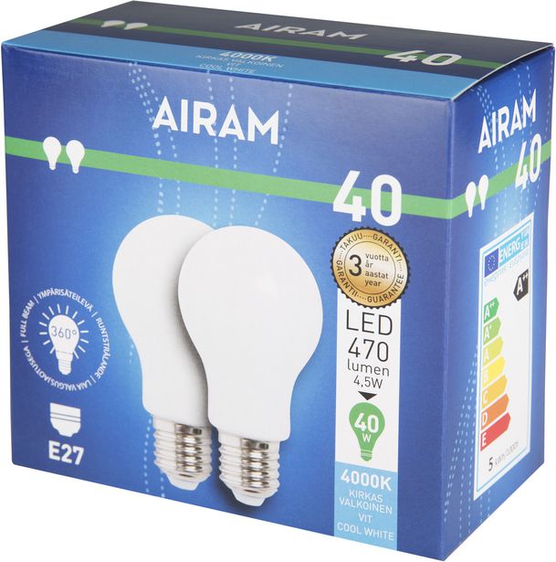 Airam LED -lamppu 2-pack, E27, 4000 K, 470 lm, opaalikupuinen -tarjous hintaan 5,9€
